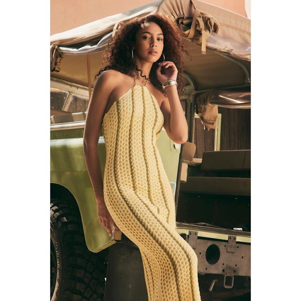 Lulus Hedia Yellow Striped Crochet Halter Fringe Midi Dress - Size XS